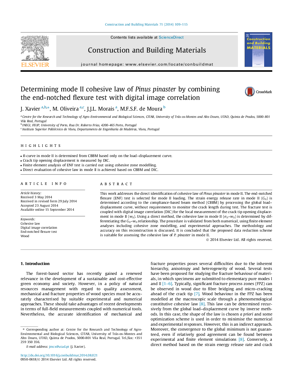 Determining mode II cohesive law of Pinus pinaster by combining the end-notched flexure test with digital image correlation