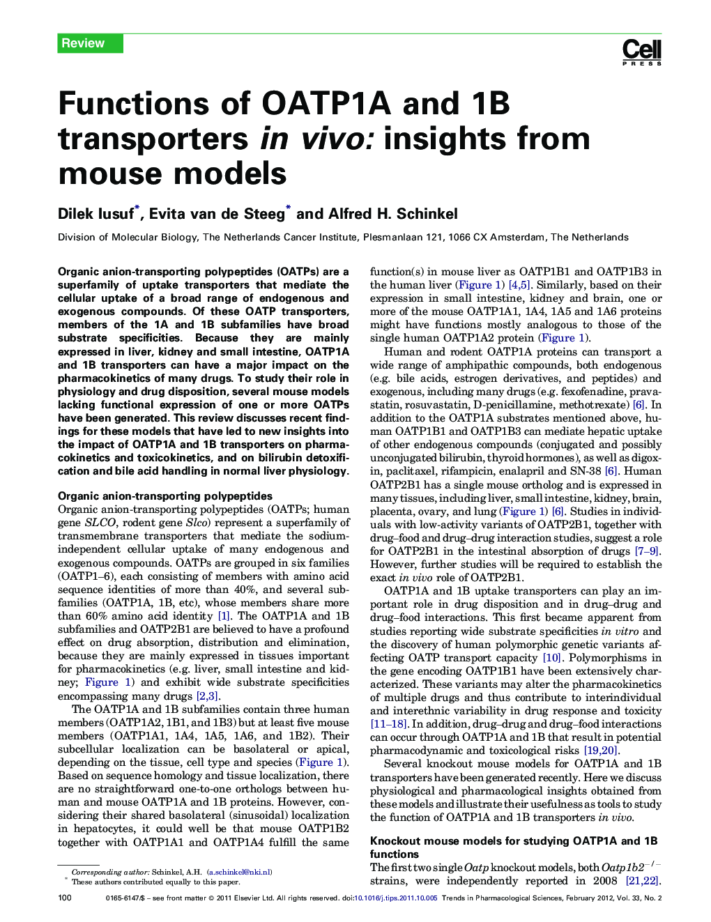 Functions of OATP1A and 1B transporters in vivo: insights from mouse models