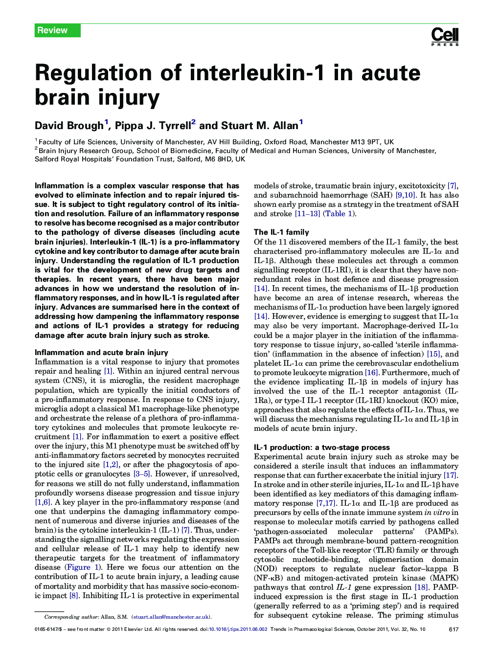 Regulation of interleukin-1 in acute brain injury
