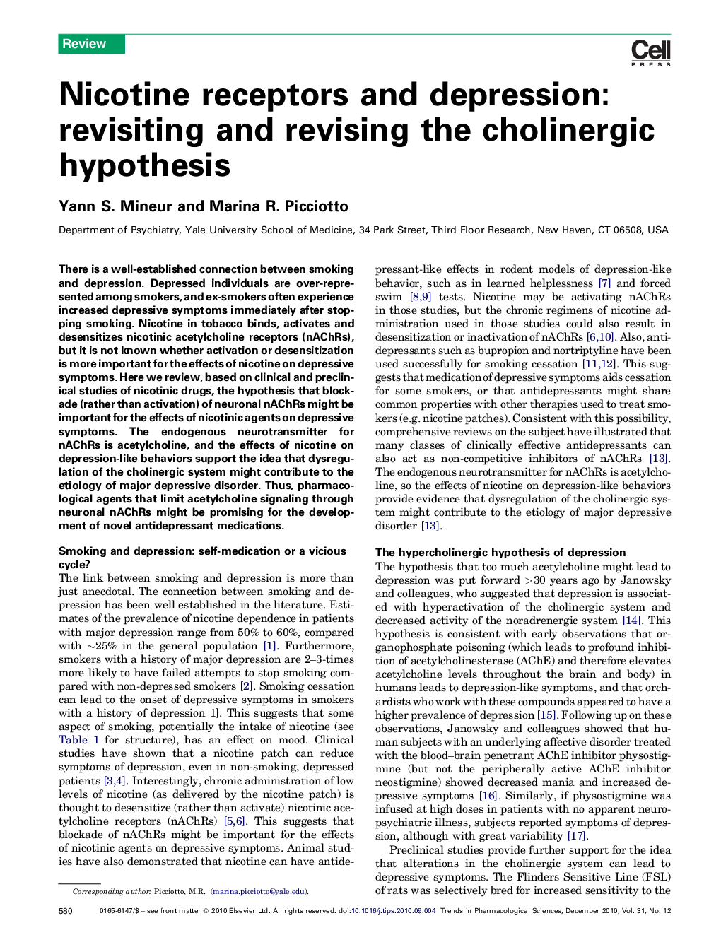 Nicotine receptors and depression: revisiting and revising the cholinergic hypothesis