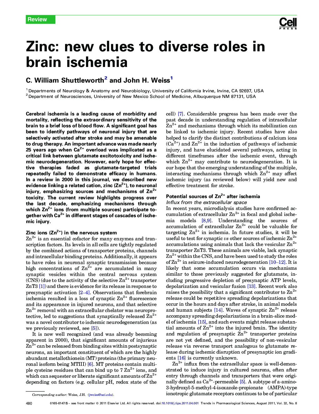 Zinc: new clues to diverse roles in brain ischemia