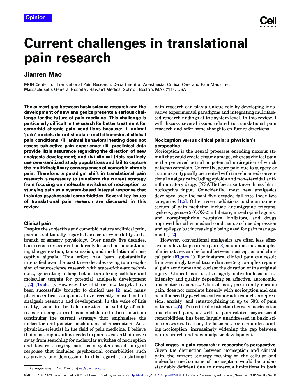Current challenges in translational pain research