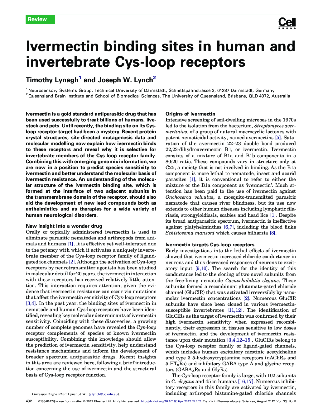 Ivermectin binding sites in human and invertebrate Cys-loop receptors
