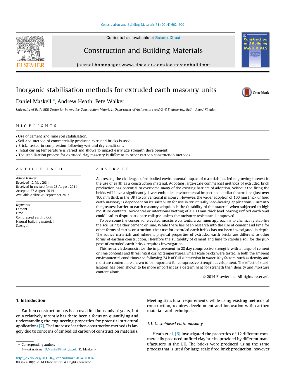 Inorganic stabilisation methods for extruded earth masonry units