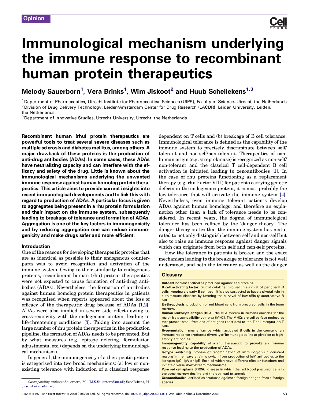 Immunological mechanism underlying the immune response to recombinant human protein therapeutics