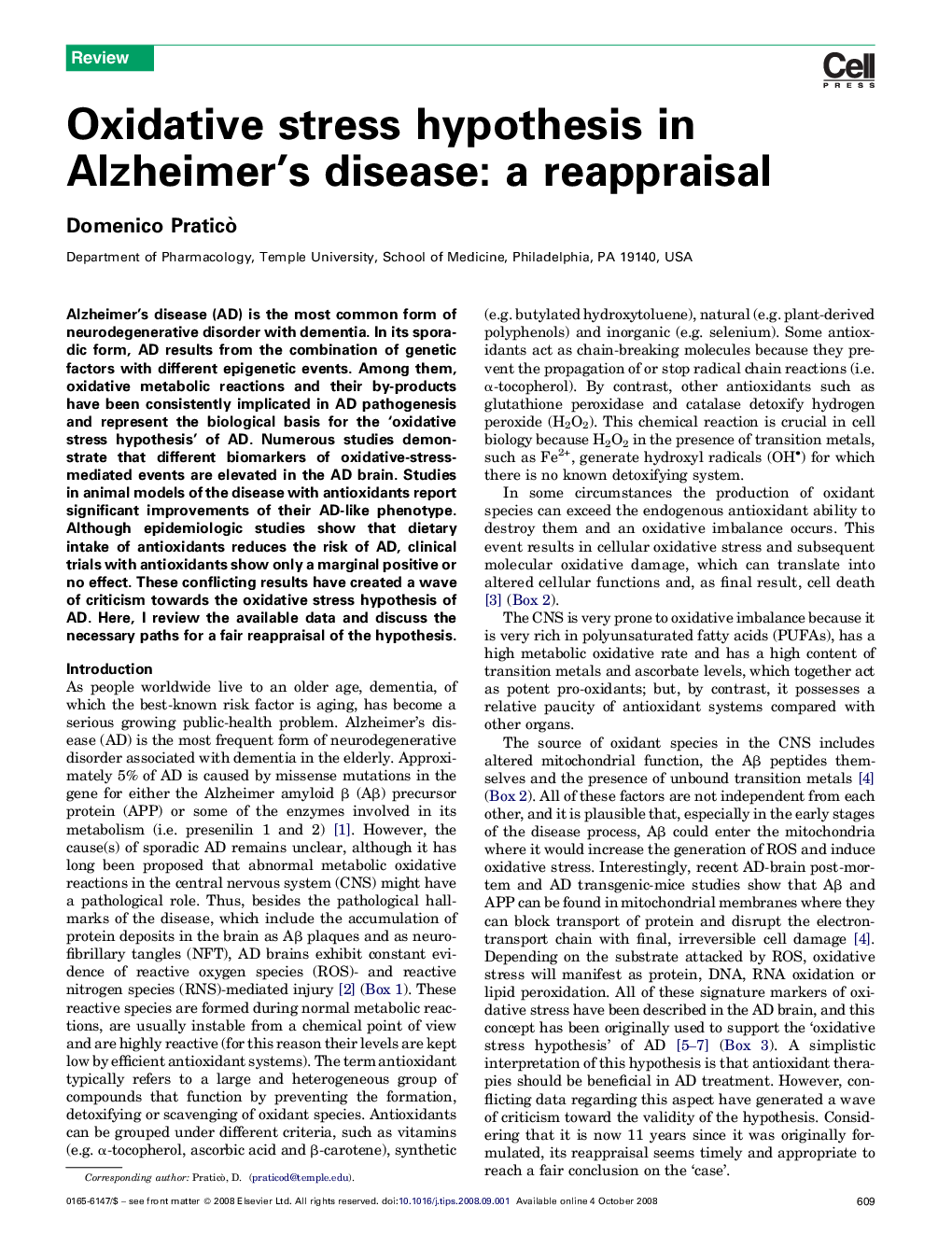 Oxidative stress hypothesis in Alzheimer’s disease: a reappraisal