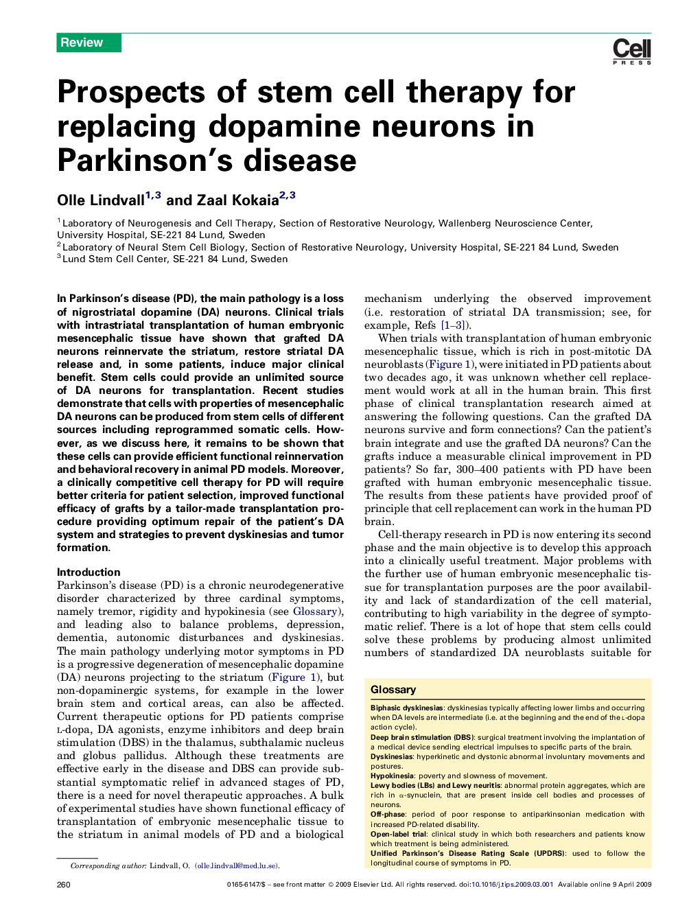Prospects of stem cell therapy for replacing dopamine neurons in Parkinson's disease