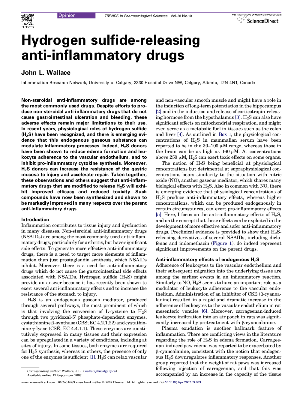 عکس صفحه اول مقاله: Hydrogen sulfide-releasing anti-inflammatory drugs Hydrogen sulfide-releasing anti-inflammatory drugs