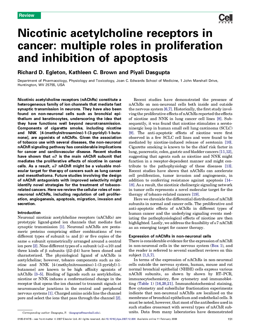 Nicotinic acetylcholine receptors in cancer: multiple roles in proliferation and inhibition of apoptosis
