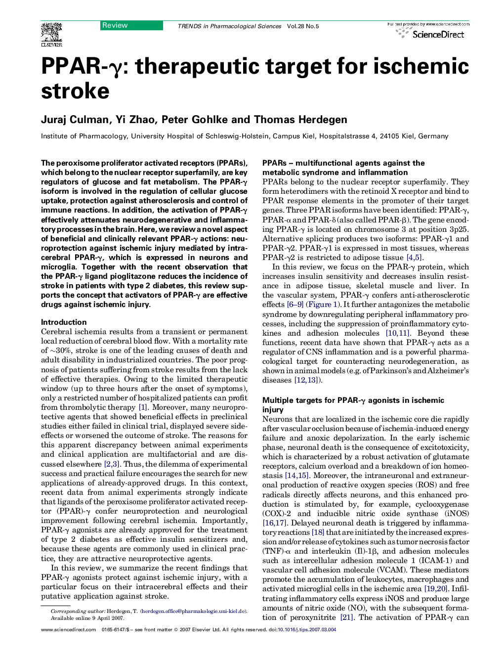 عکس صفحه اول مقاله: PPAR-γ: therapeutic target for ischemic stroke PPAR-γ: therapeutic target for ischemic stroke