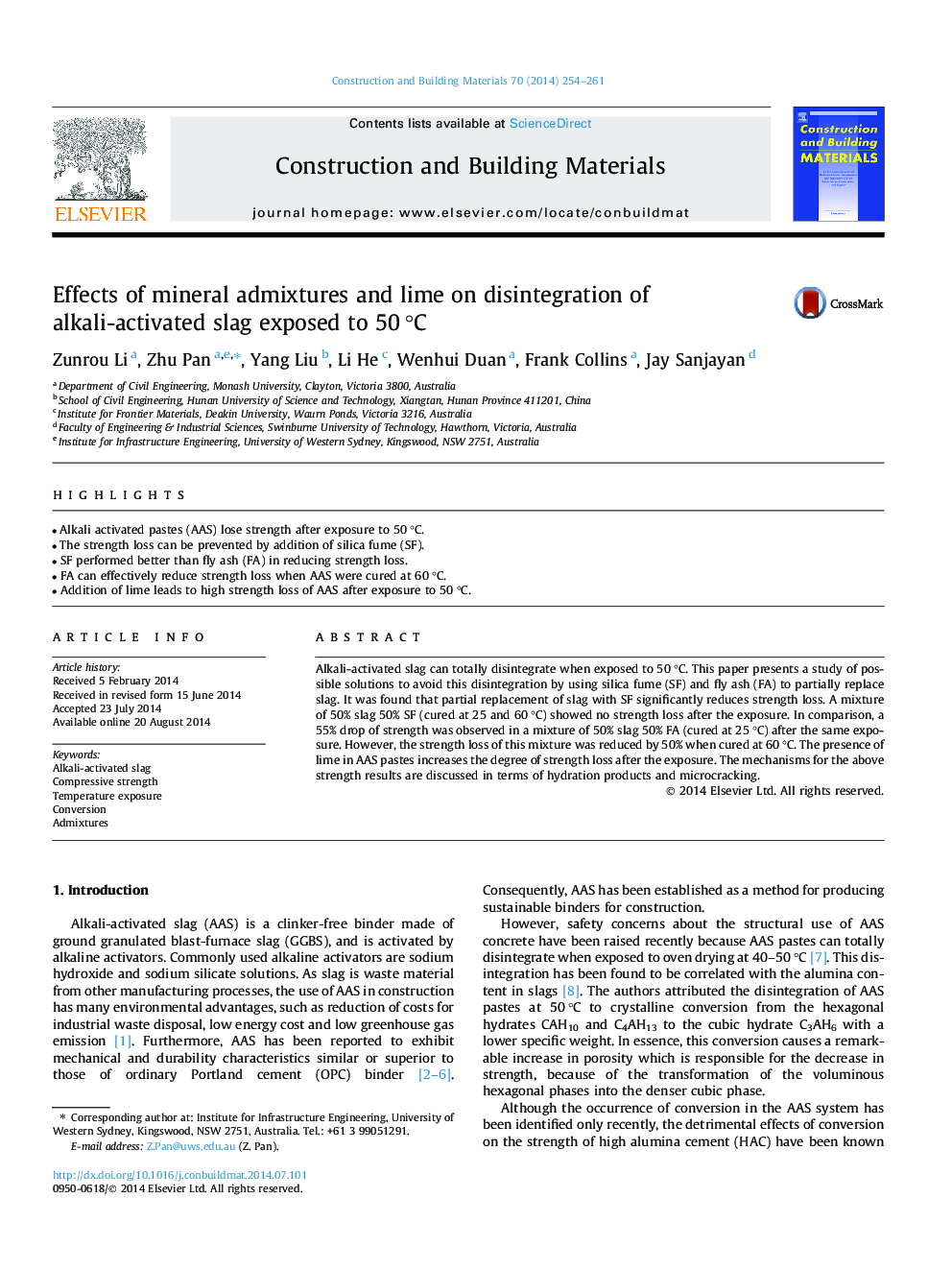 Effects of mineral admixtures and lime on disintegration of alkali-activated slag exposed to 50 °C