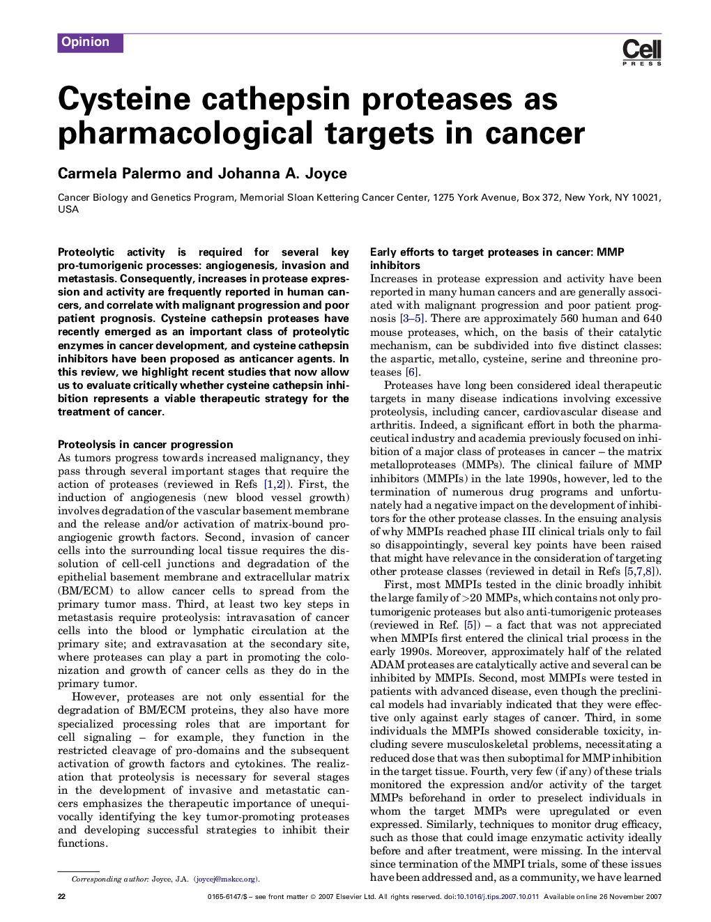 Cysteine cathepsin proteases as pharmacological targets in cancer
