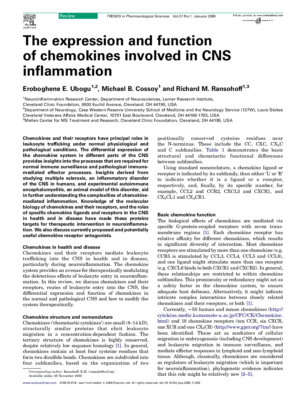 The expression and function of chemokines involved in CNS inflammation