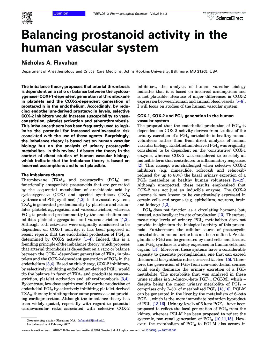 Balancing prostanoid activity in the human vascular system