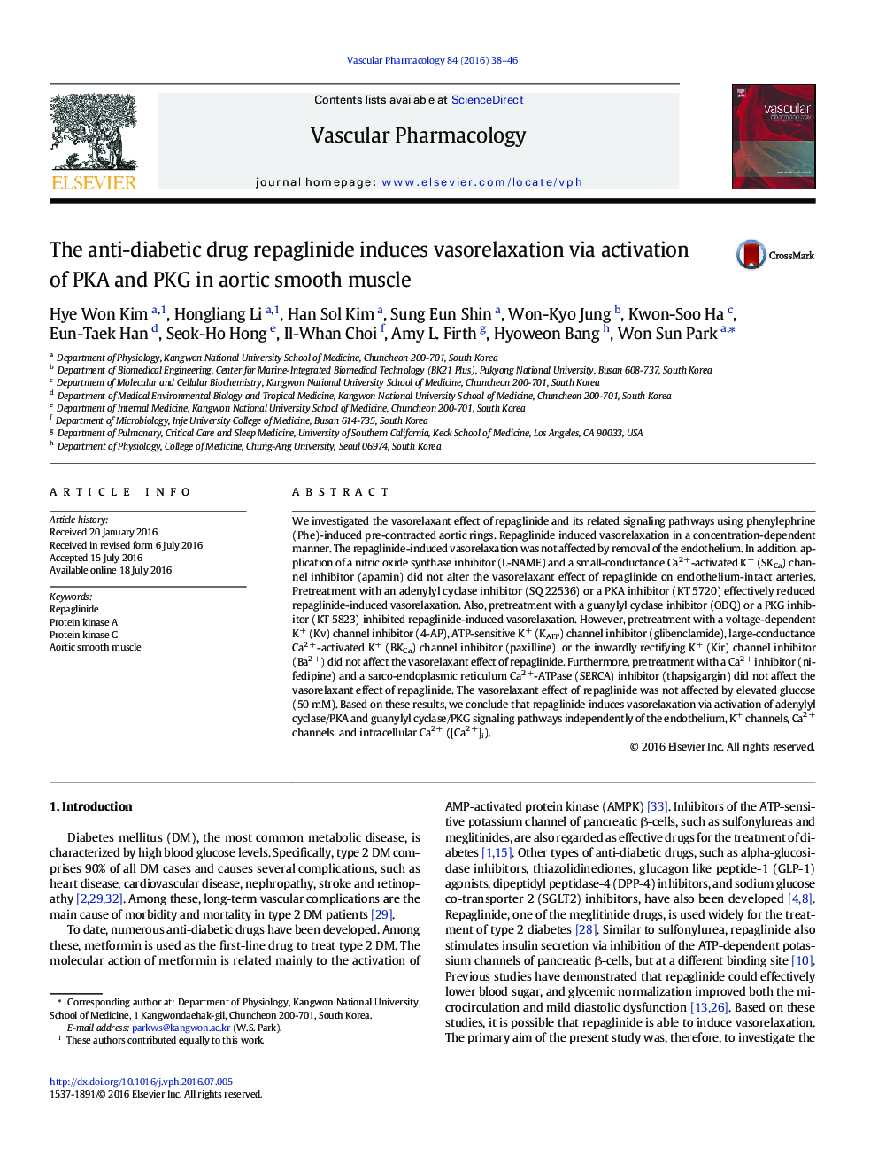 The anti-diabetic drug repaglinide induces vasorelaxation via activation of PKA and PKG in aortic smooth muscle