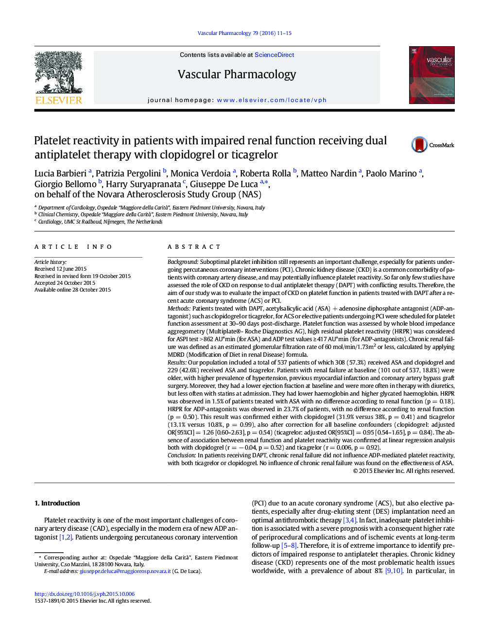 Platelet reactivity in patients with impaired renal function receiving dual antiplatelet therapy with clopidogrel or ticagrelor