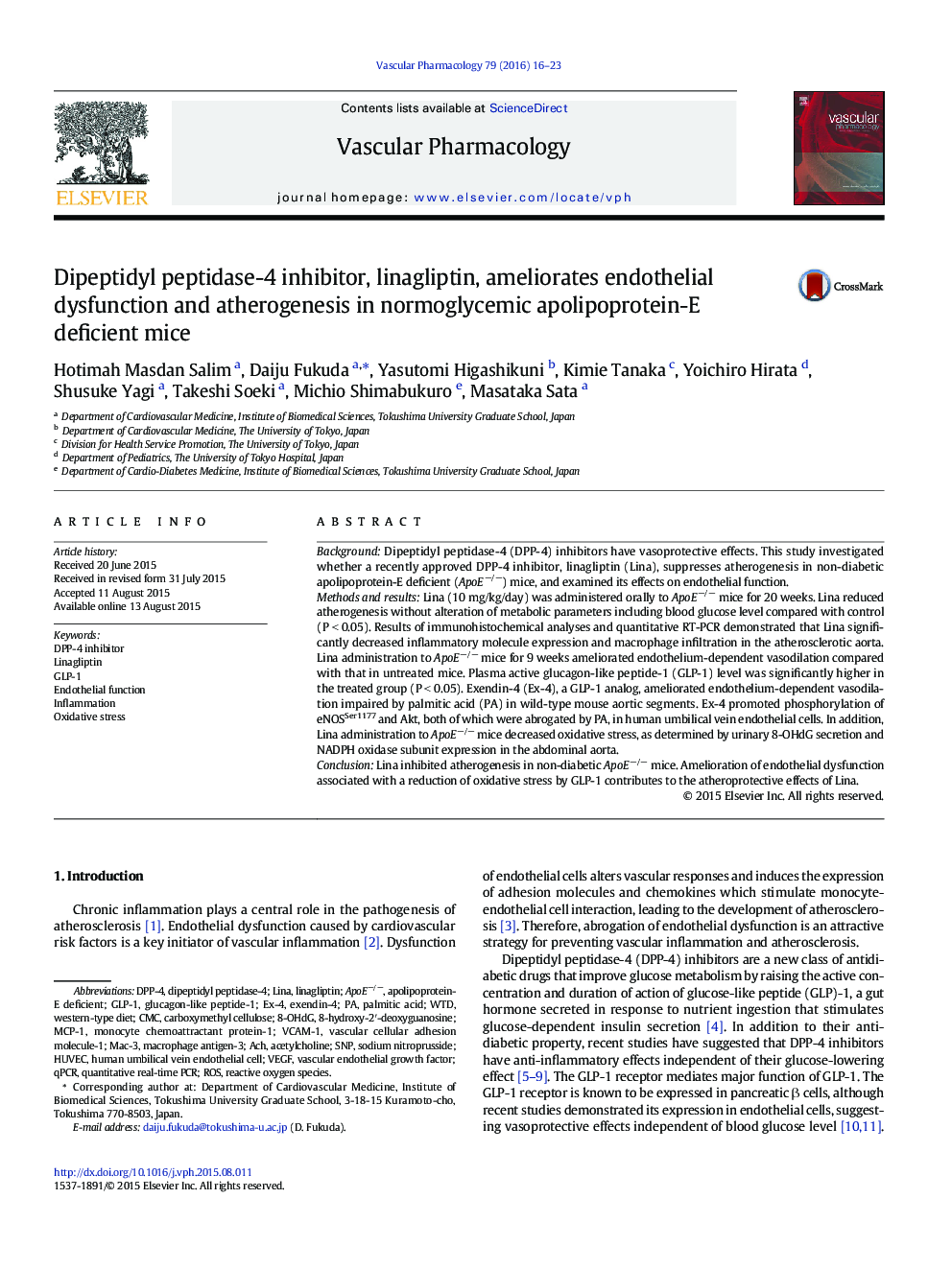 Dipeptidyl peptidase-4 inhibitor, linagliptin, ameliorates endothelial dysfunction and atherogenesis in normoglycemic apolipoprotein-E deficient mice