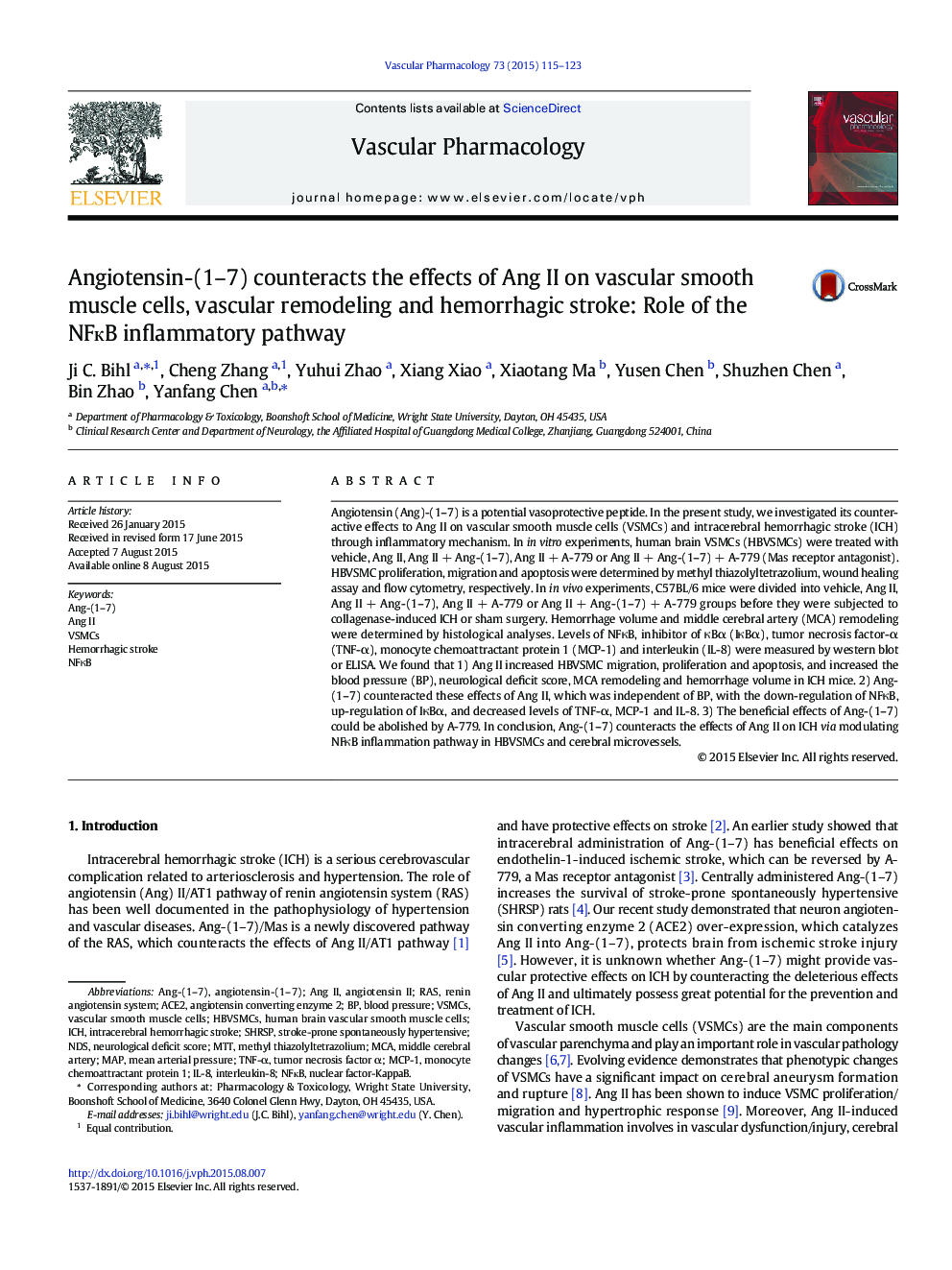 Angiotensin-(1–7) counteracts the effects of Ang II on vascular smooth muscle cells, vascular remodeling and hemorrhagic stroke: Role of the NFкB inflammatory pathway