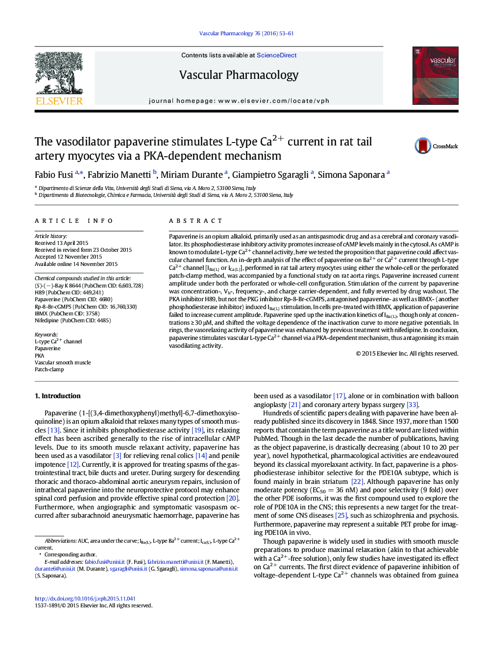 The vasodilator papaverine stimulates L-type Ca2+ current in rat tail artery myocytes via a PKA-dependent mechanism