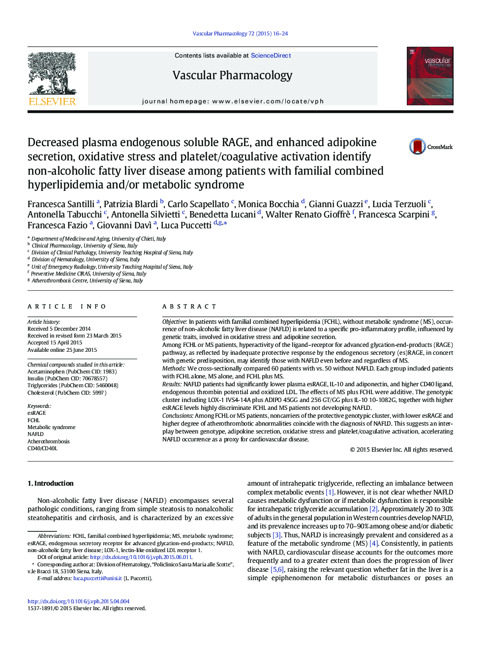 Decreased plasma endogenous soluble RAGE, and enhanced adipokine secretion, oxidative stress and platelet/coagulative activation identify non-alcoholic fatty liver disease among patients with familial combined hyperlipidemia and/or metabolic syndrome