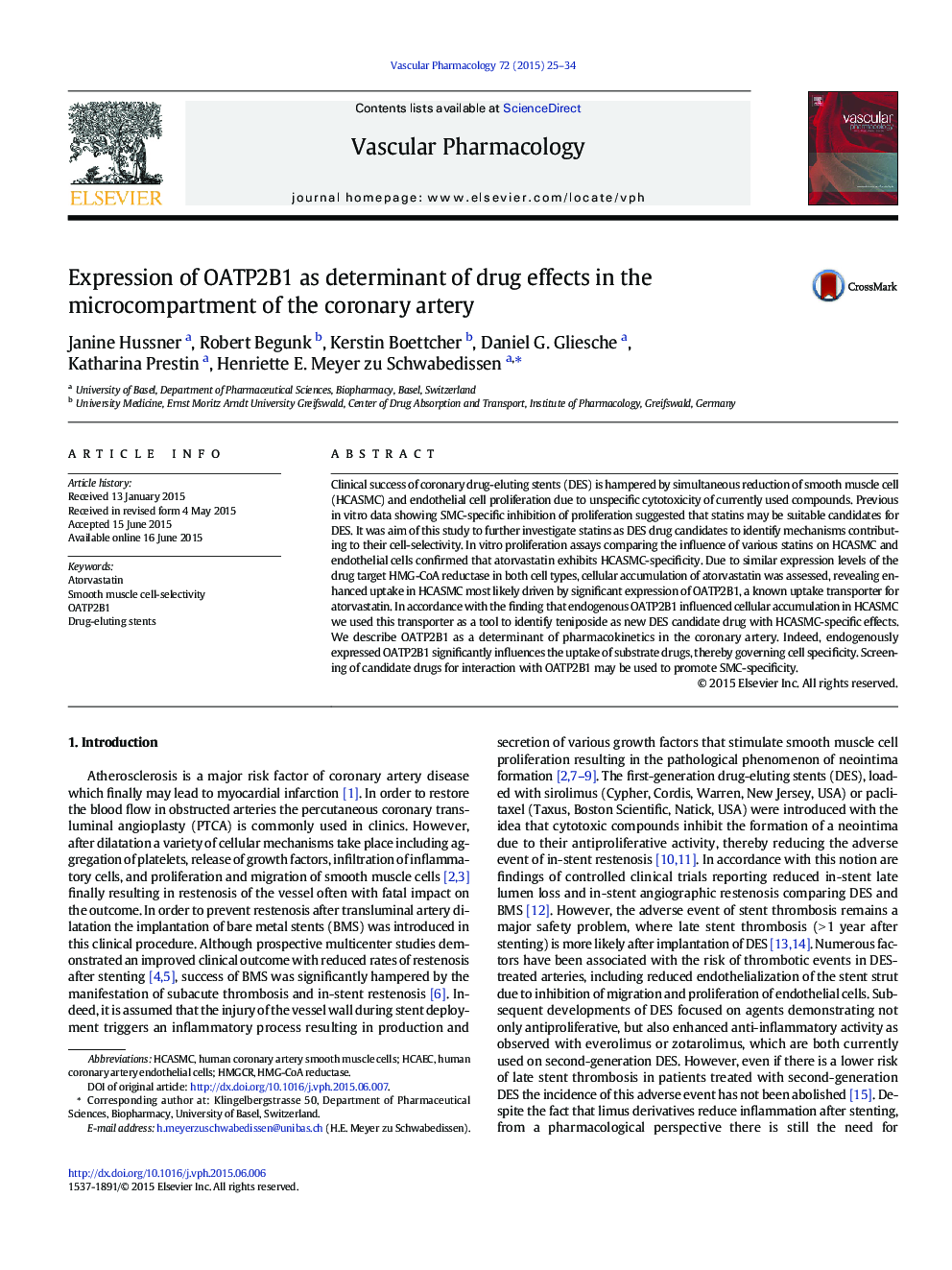 Expression of OATP2B1 as determinant of drug effects in the microcompartment of the coronary artery