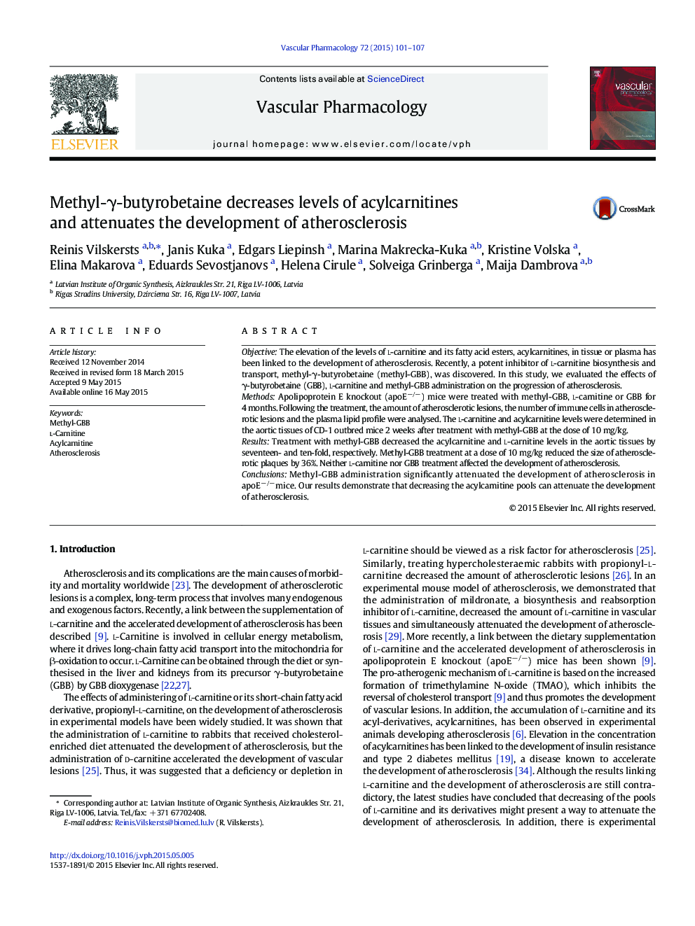 Methyl-γ-butyrobetaine decreases levels of acylcarnitines and attenuates the development of atherosclerosis