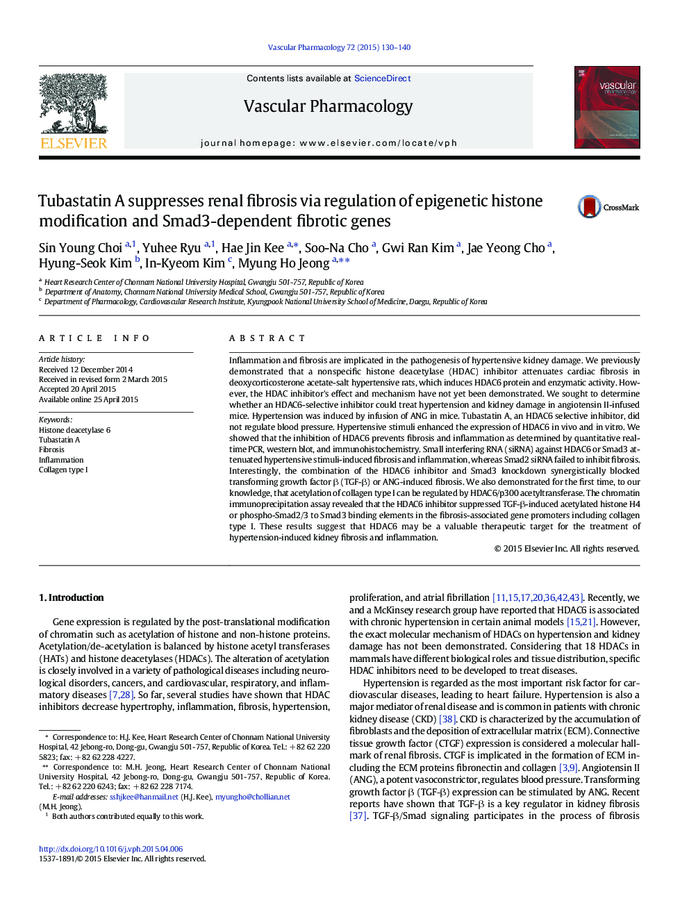 Tubastatin A suppresses renal fibrosis via regulation of epigenetic histone modification and Smad3-dependent fibrotic genes