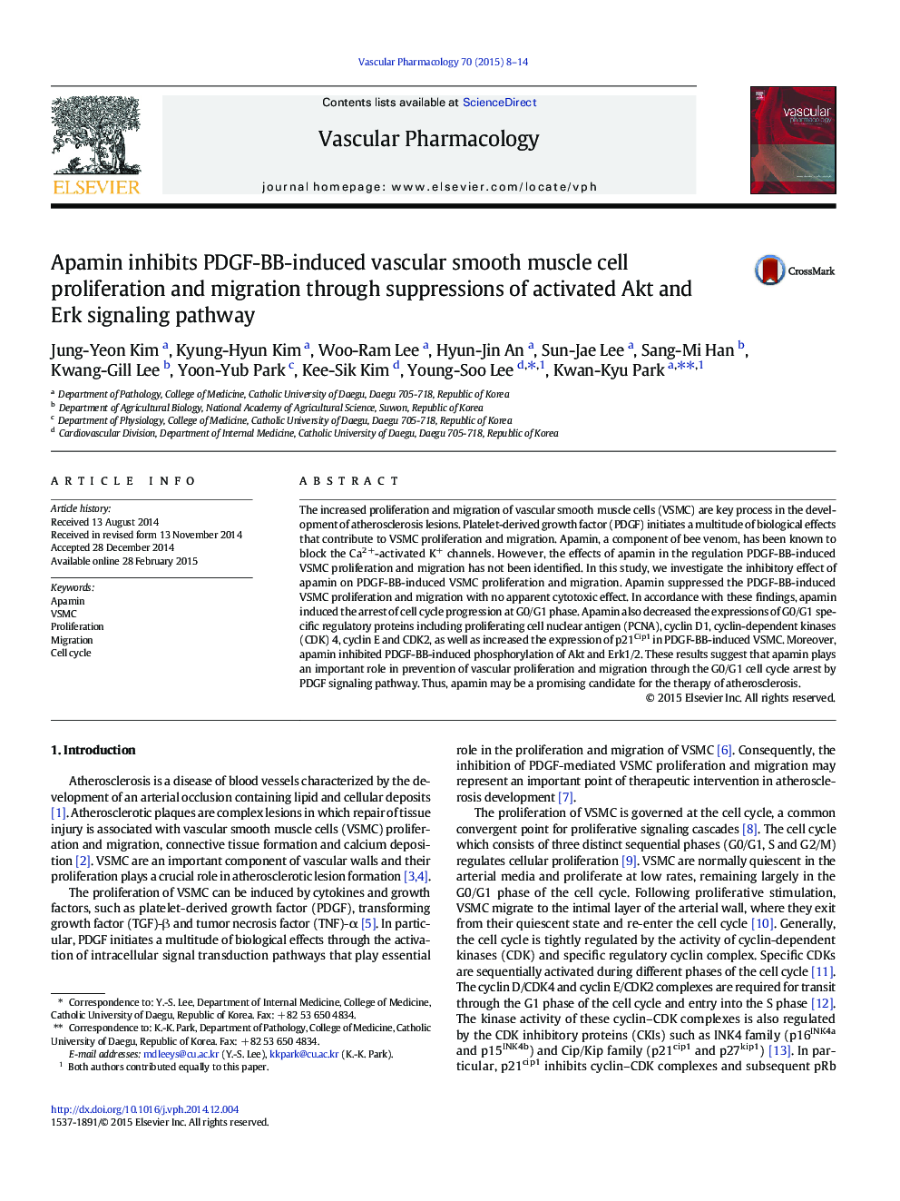 Apamin inhibits PDGF-BB-induced vascular smooth muscle cell proliferation and migration through suppressions of activated Akt and Erk signaling pathway