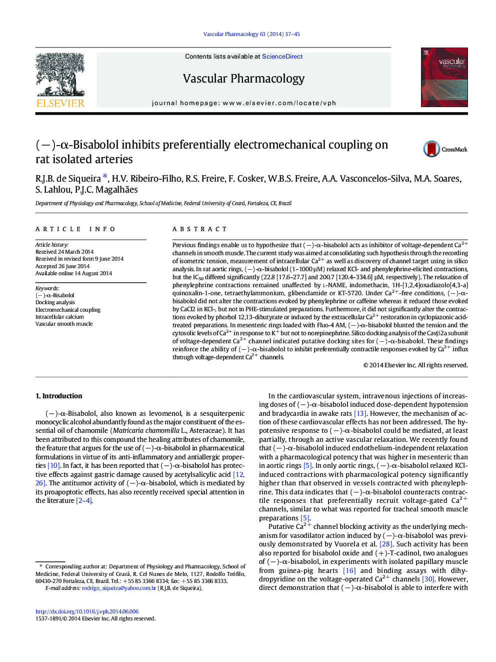 (−)-α-Bisabolol inhibits preferentially electromechanical coupling on rat isolated arteries