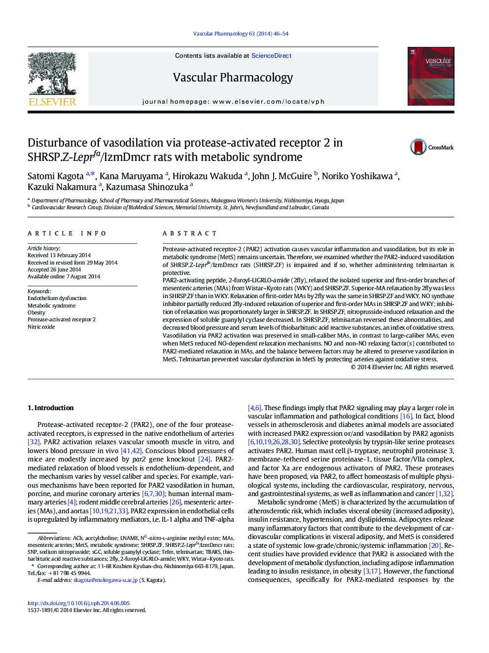 Disturbance of vasodilation via protease-activated receptor 2 in SHRSP.Z-Leprfa/IzmDmcr rats with metabolic syndrome