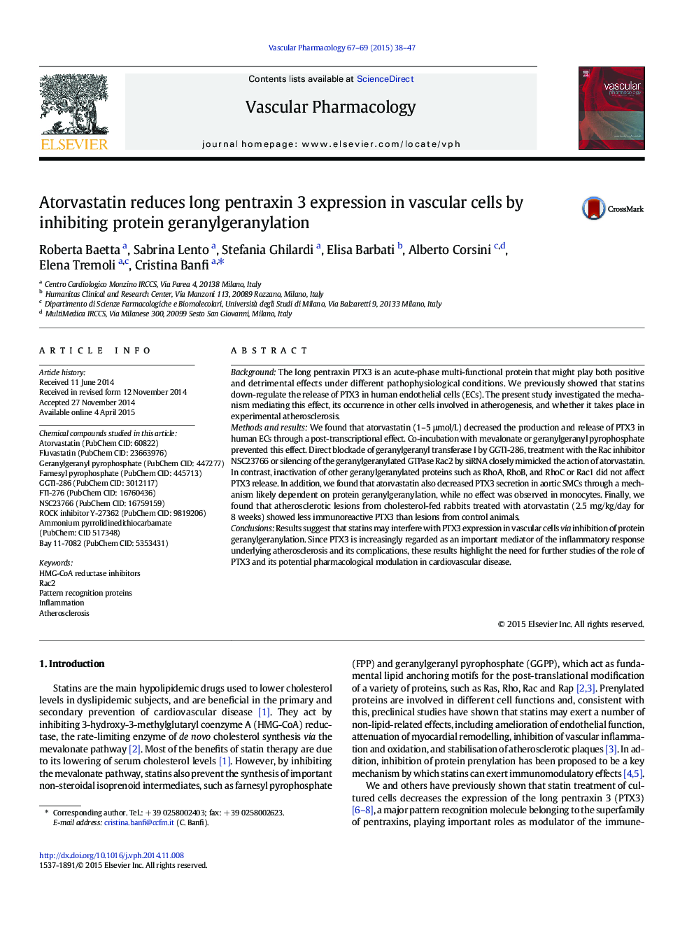 Atorvastatin reduces long pentraxin 3 expression in vascular cells by inhibiting protein geranylgeranylation