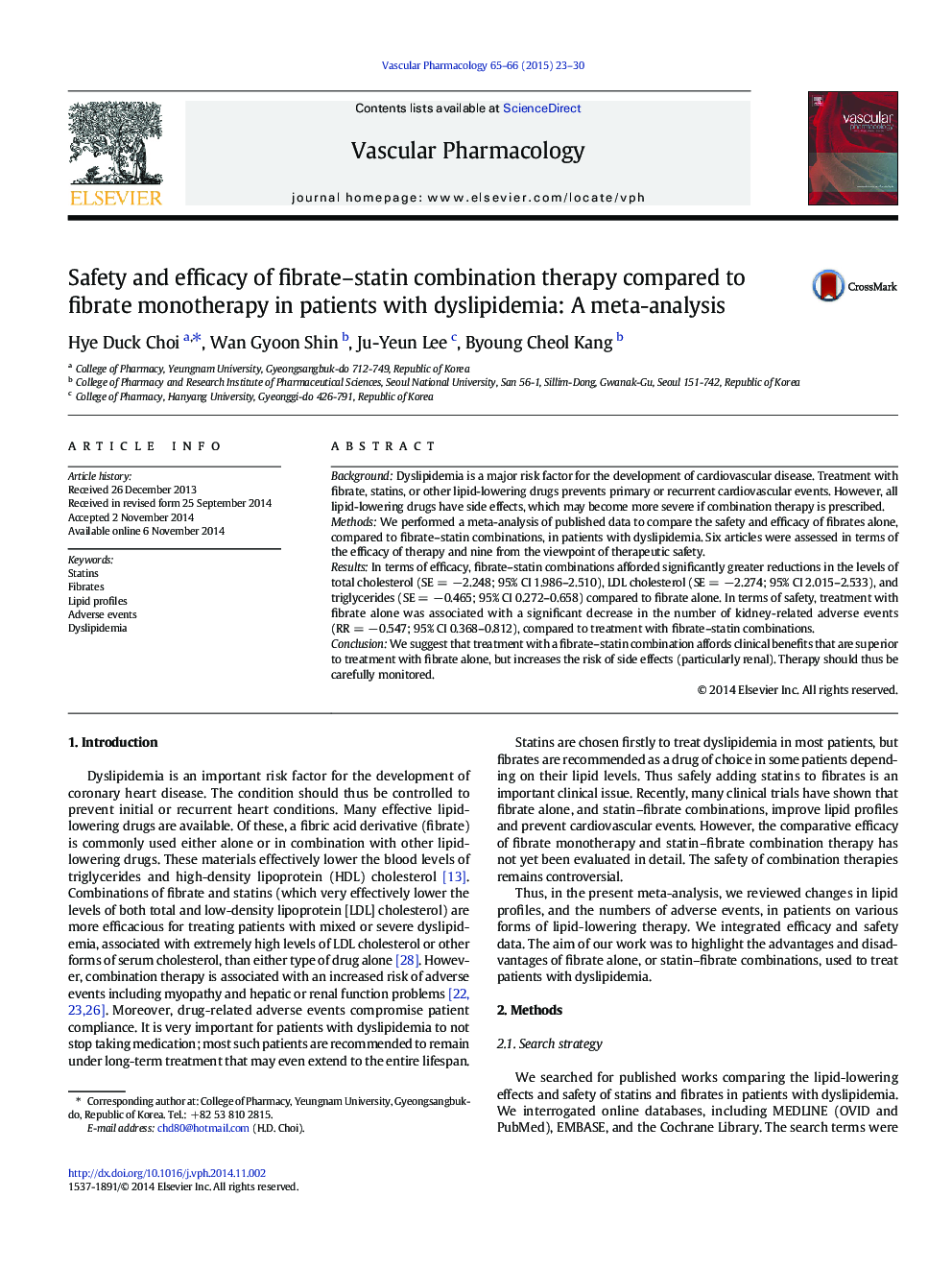 Safety and efficacy of fibrate–statin combination therapy compared to fibrate monotherapy in patients with dyslipidemia: A meta-analysis