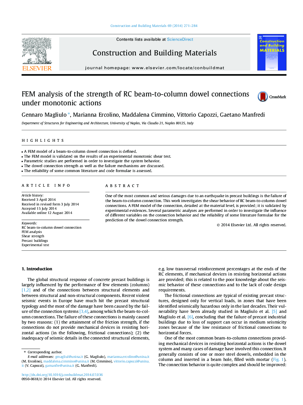 FEM analysis of the strength of RC beam-to-column dowel connections under monotonic actions