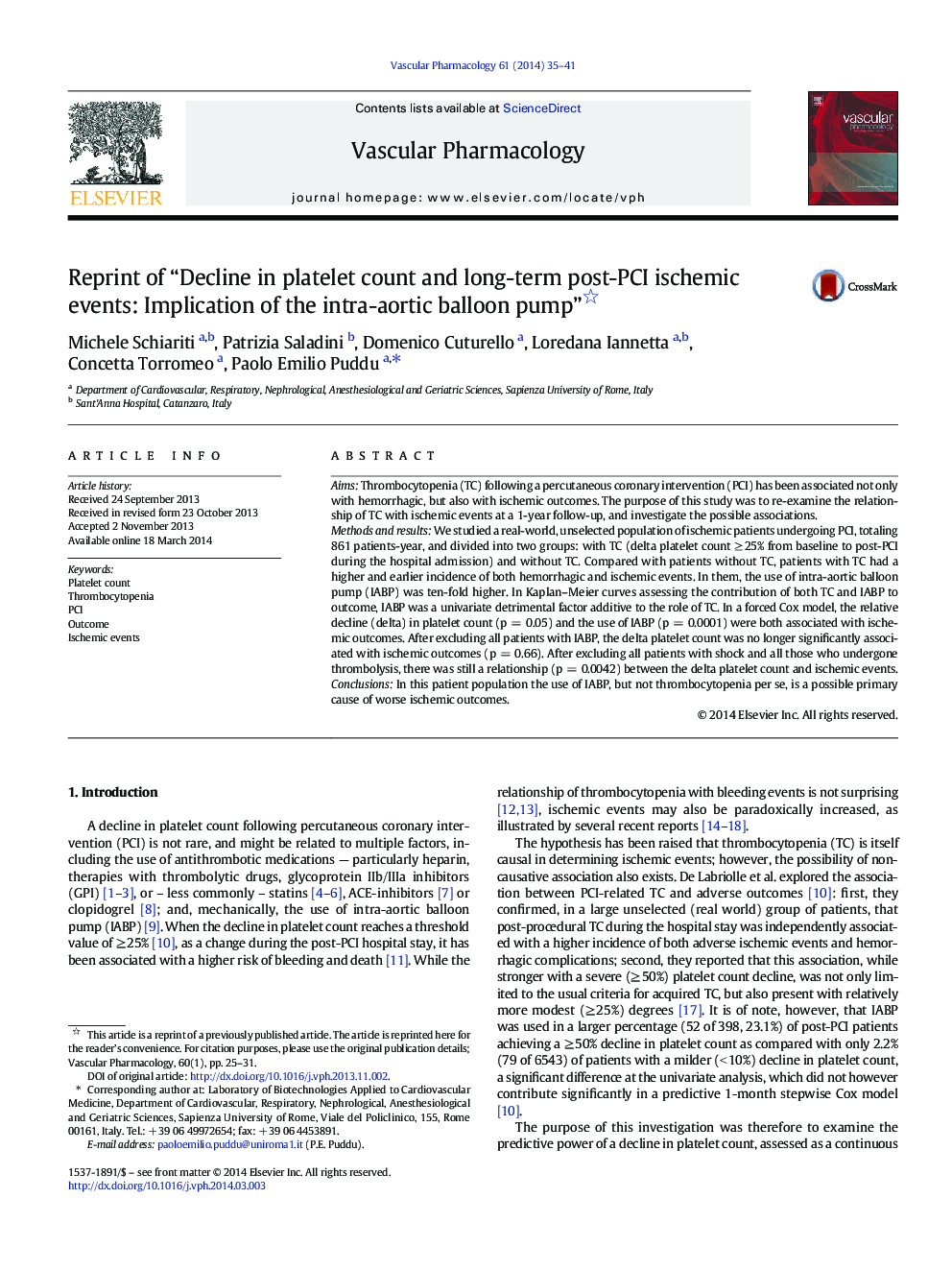 Reprint of “Decline in platelet count and long-term post-PCI ischemic events: Implication of the intra-aortic balloon pump” 