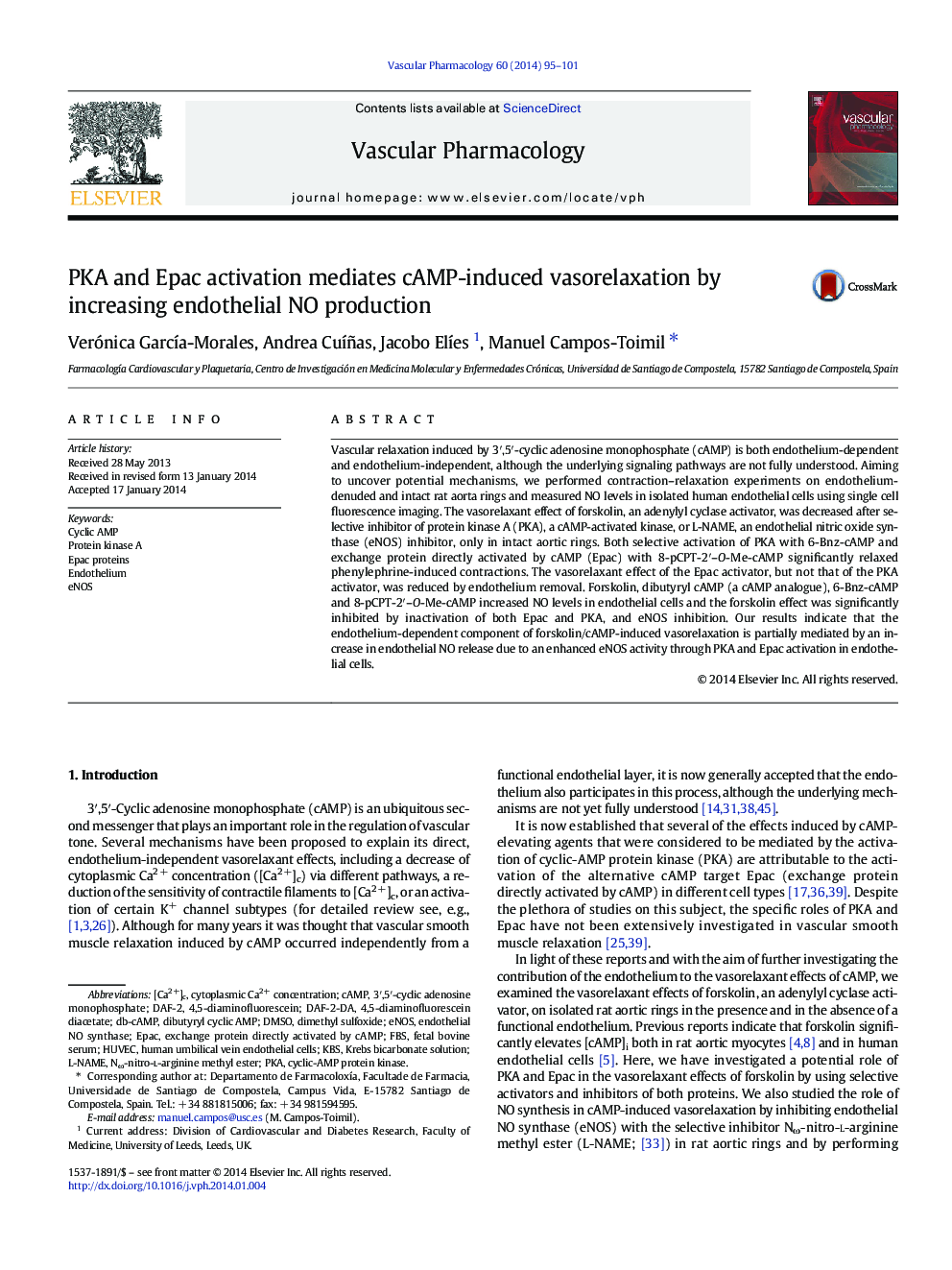 PKA and Epac activation mediates cAMP-induced vasorelaxation by increasing endothelial NO production