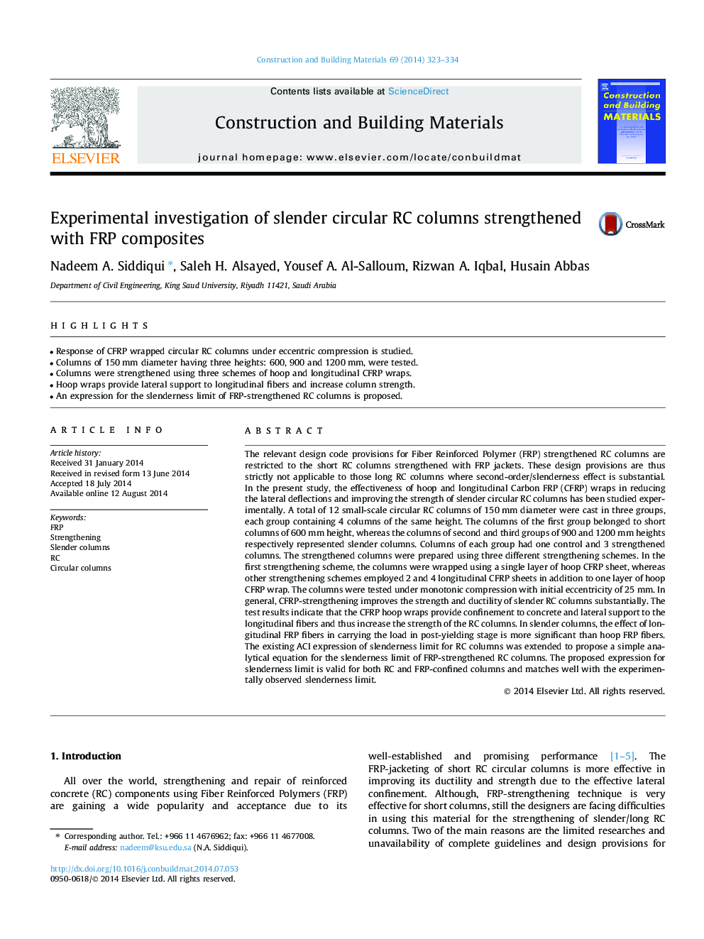 Experimental investigation of slender circular RC columns strengthened with FRP composites