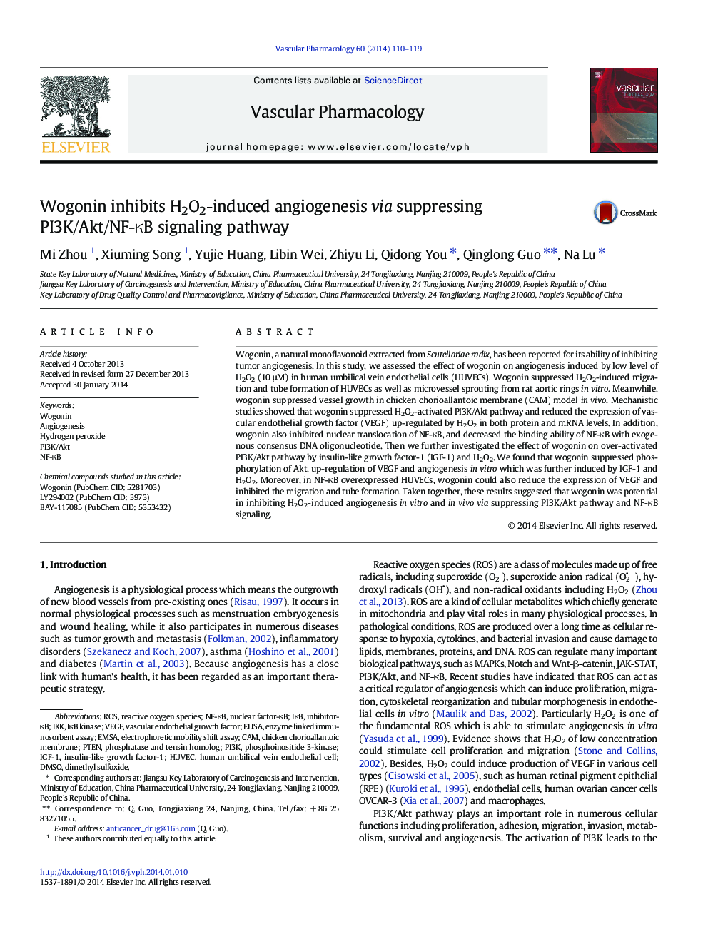 عکس صفحه اول مقاله: Wogonin inhibits H2O2-induced angiogenesis via suppressing PI3K/Akt/NF-κB signaling pathway Wogonin inhibits H2O2-induced angiogenesis via suppressing PI3K/Akt/NF-κB signaling pathway