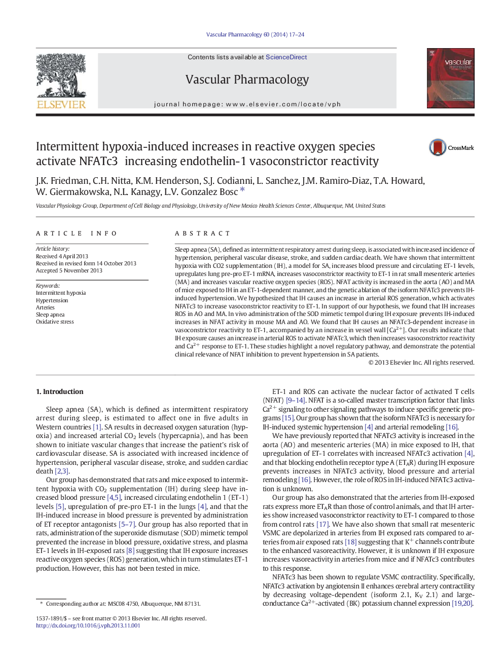 Intermittent hypoxia-induced increases in reactive oxygen species activate NFATc3 increasing endothelin-1 vasoconstrictor reactivity