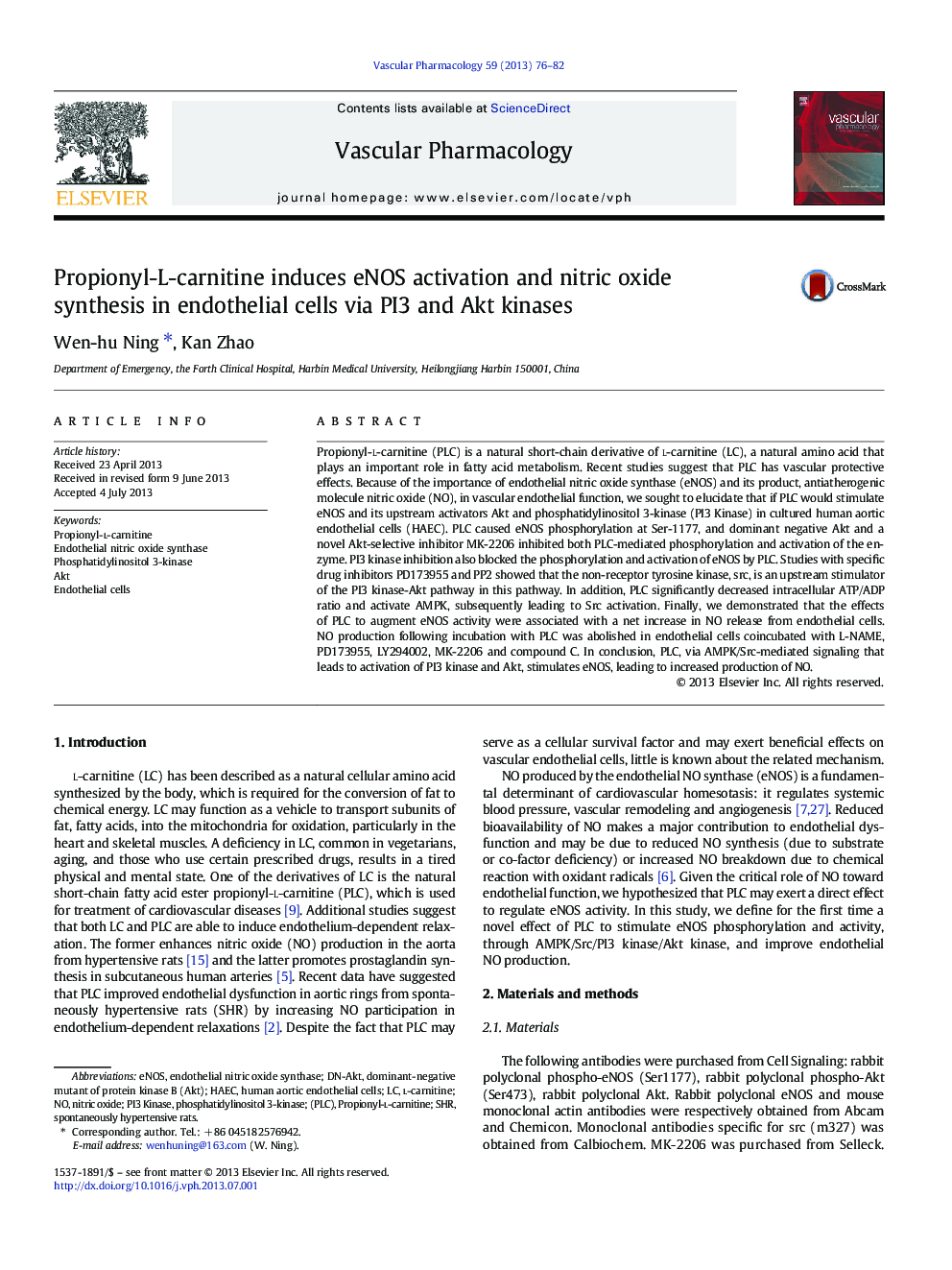 Propionyl-L-carnitine induces eNOS activation and nitric oxide synthesis in endothelial cells via PI3 and Akt kinases