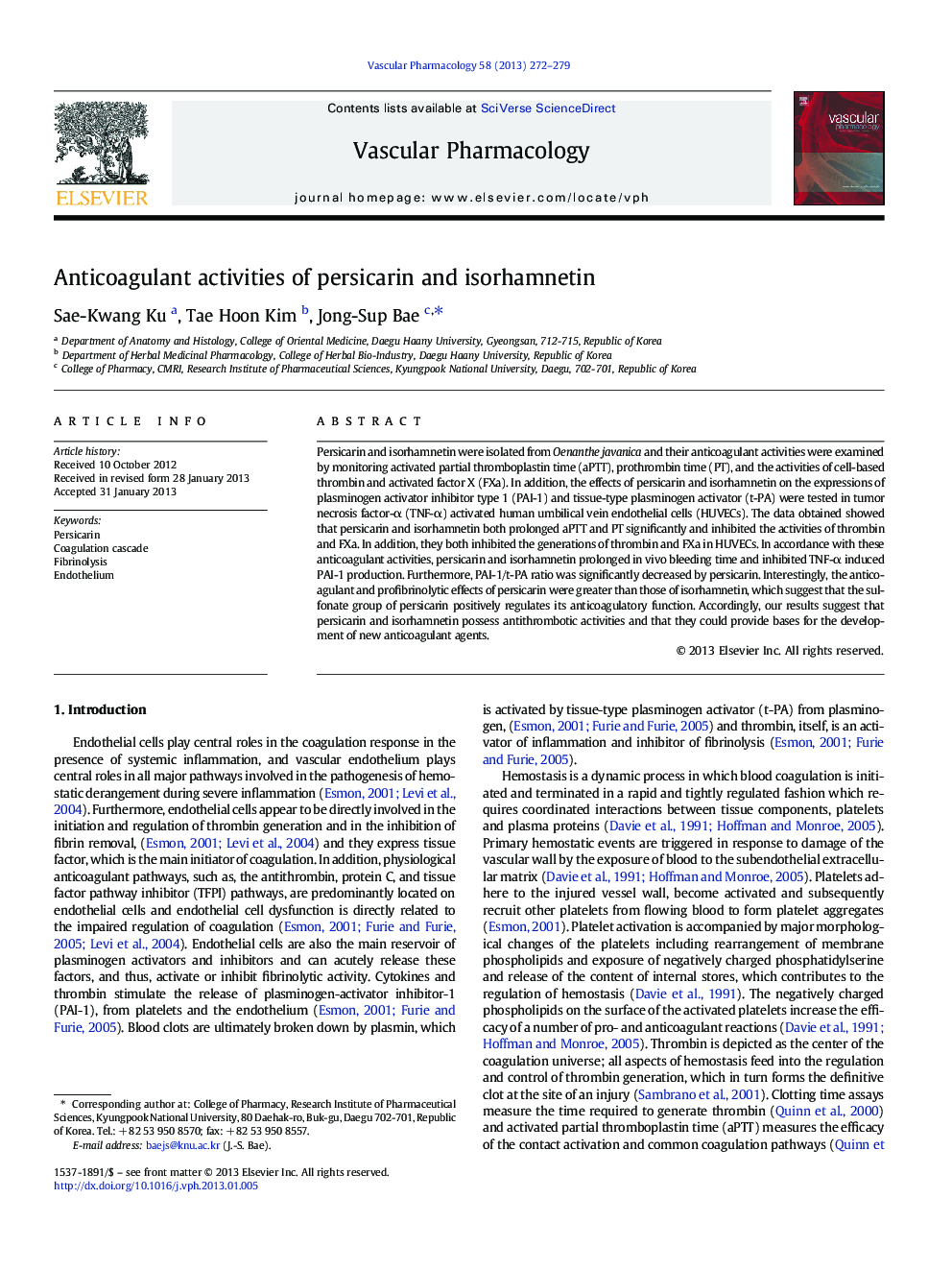 Anticoagulant activities of persicarin and isorhamnetin