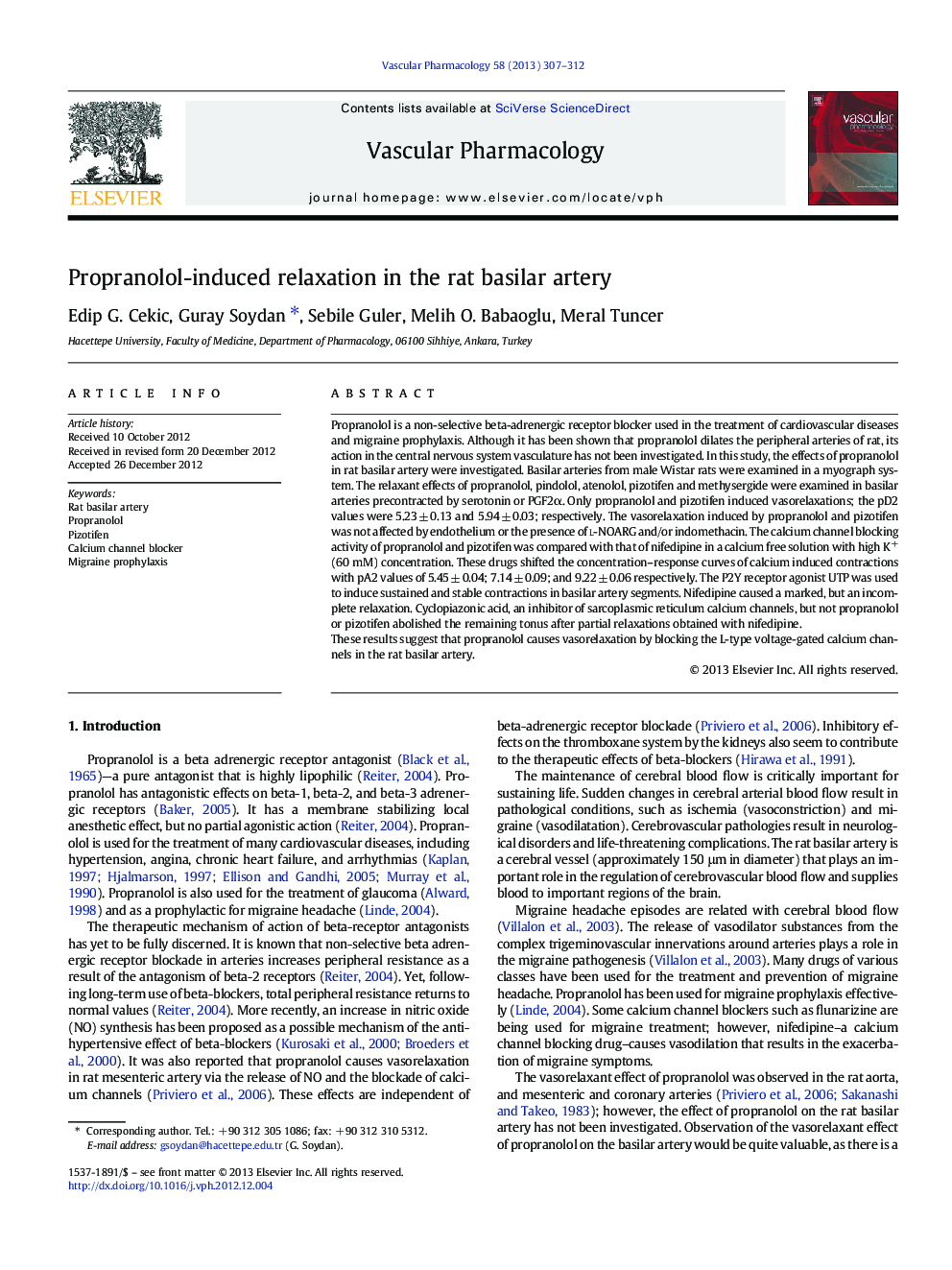 Propranolol-induced relaxation in the rat basilar artery