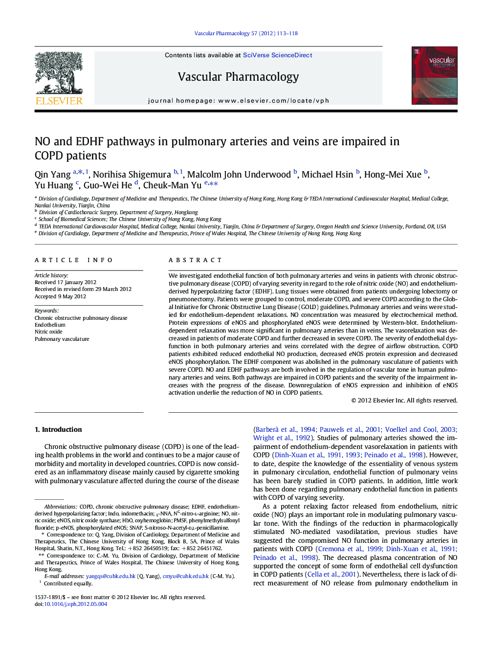 NO and EDHF pathways in pulmonary arteries and veins are impaired in COPD patients