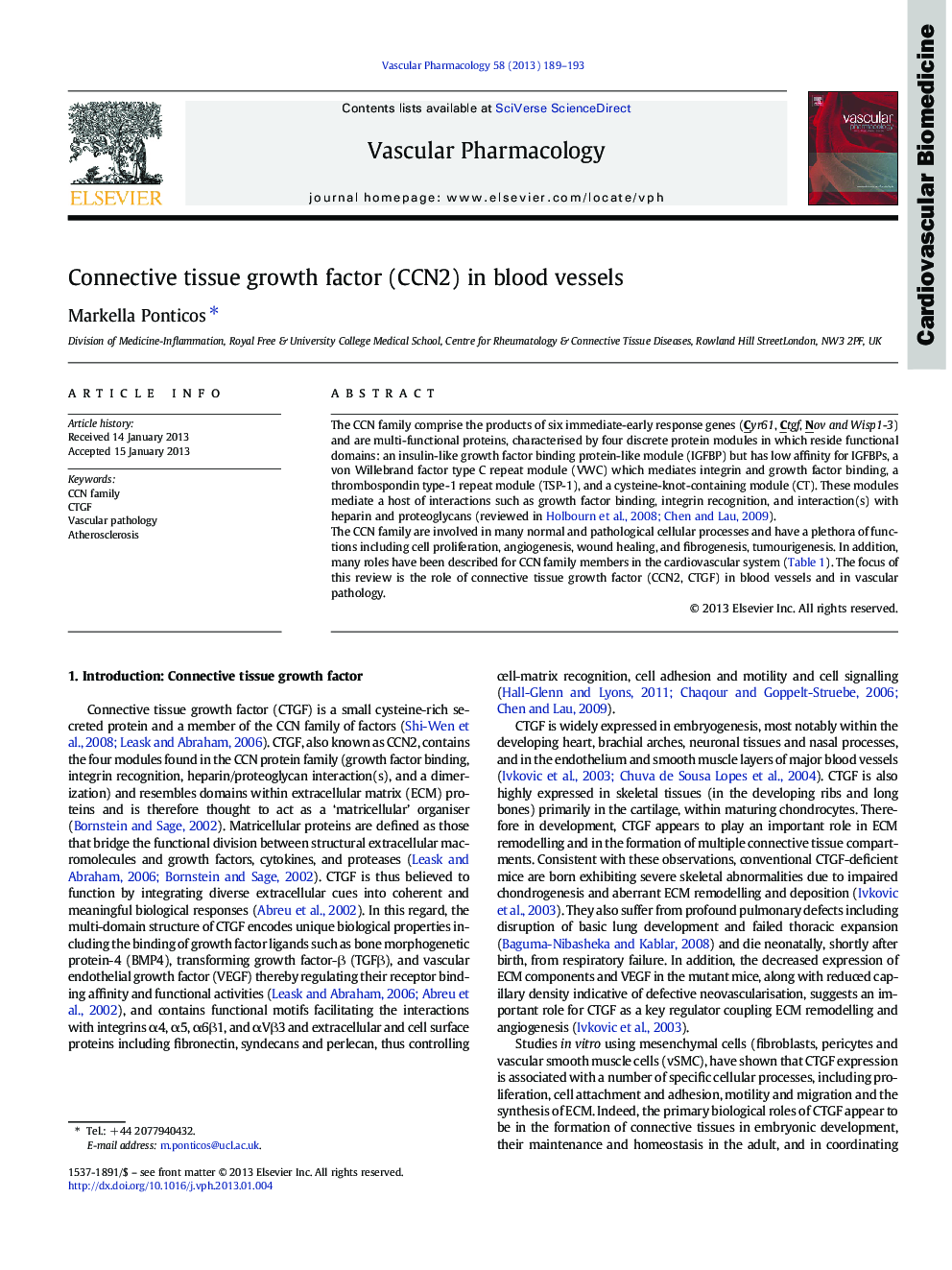 Connective tissue growth factor (CCN2) in blood vessels