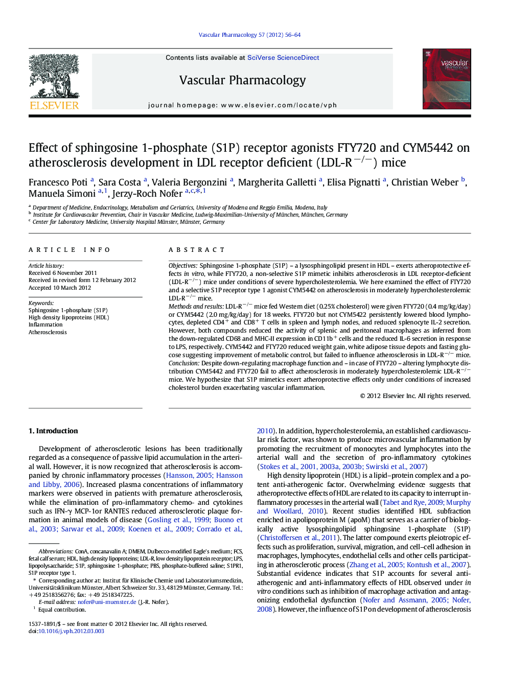 Effect of sphingosine 1-phosphate (S1P) receptor agonists FTY720 and CYM5442 on atherosclerosis development in LDL receptor deficient (LDL-R−/−) mice