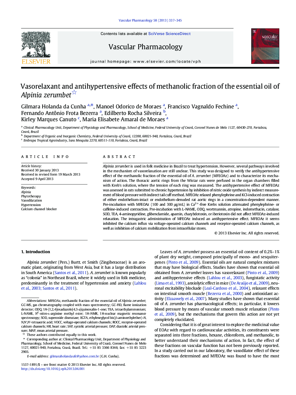 Vasorelaxant and antihypertensive effects of methanolic fraction of the essential oil of Alpinia zerumbet 