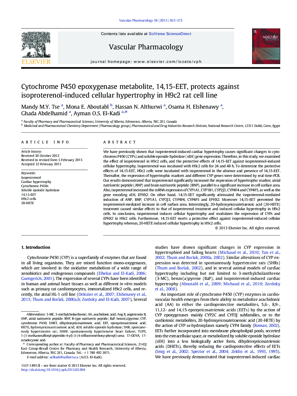 Cytochrome P450 epoxygenase metabolite, 14,15-EET, protects against isoproterenol-induced cellular hypertrophy in H9c2 rat cell line