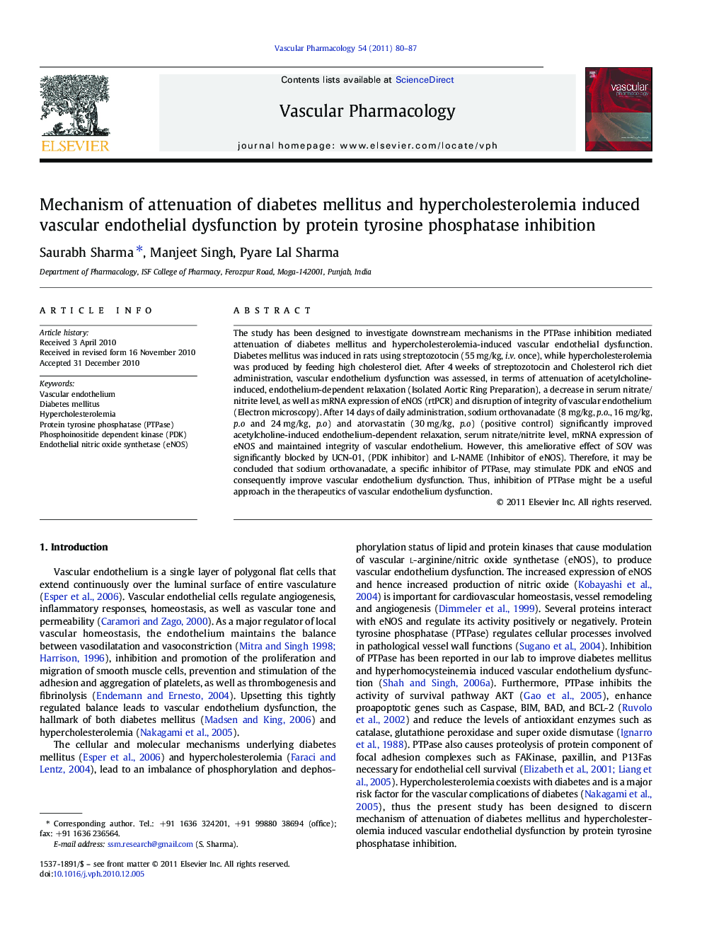 Mechanism of attenuation of diabetes mellitus and hypercholesterolemia induced vascular endothelial dysfunction by protein tyrosine phosphatase inhibition