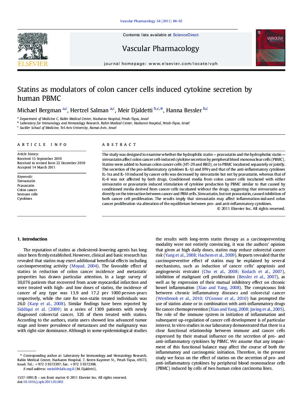 Statins as modulators of colon cancer cells induced cytokine secretion by human PBMC