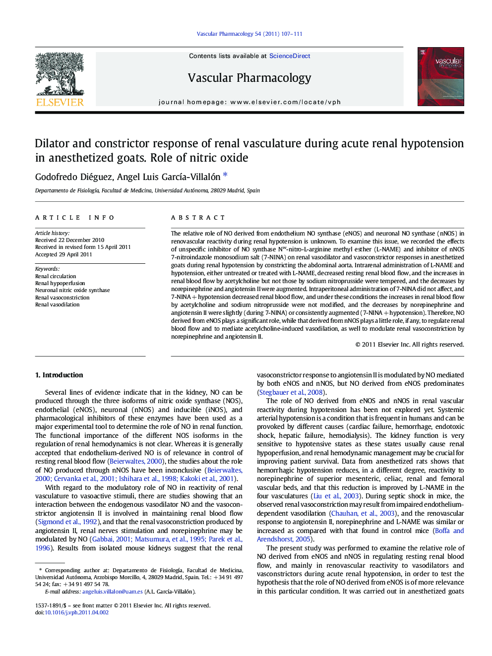 Dilator and constrictor response of renal vasculature during acute renal hypotension in anesthetized goats. Role of nitric oxide