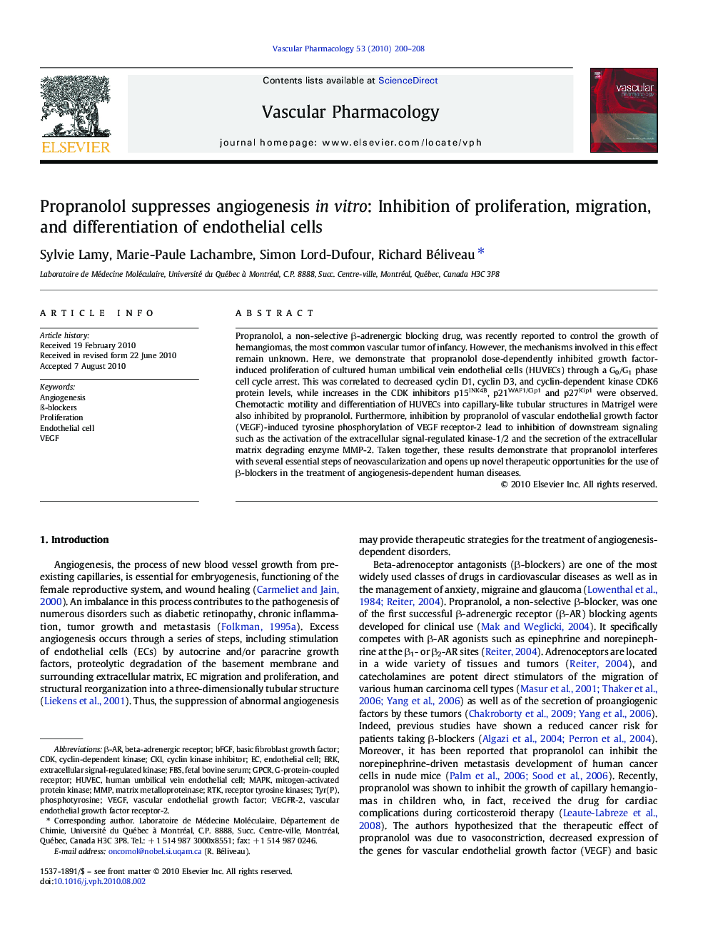 Propranolol suppresses angiogenesis in vitro: Inhibition of proliferation, migration, and differentiation of endothelial cells